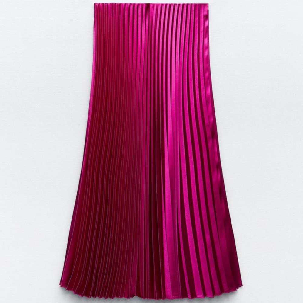 ZARA SATIN EFFECT PLEATED MIDI SKIRT FUCHSIA PINK M L NWT elastic waist - Picture 6 of 9